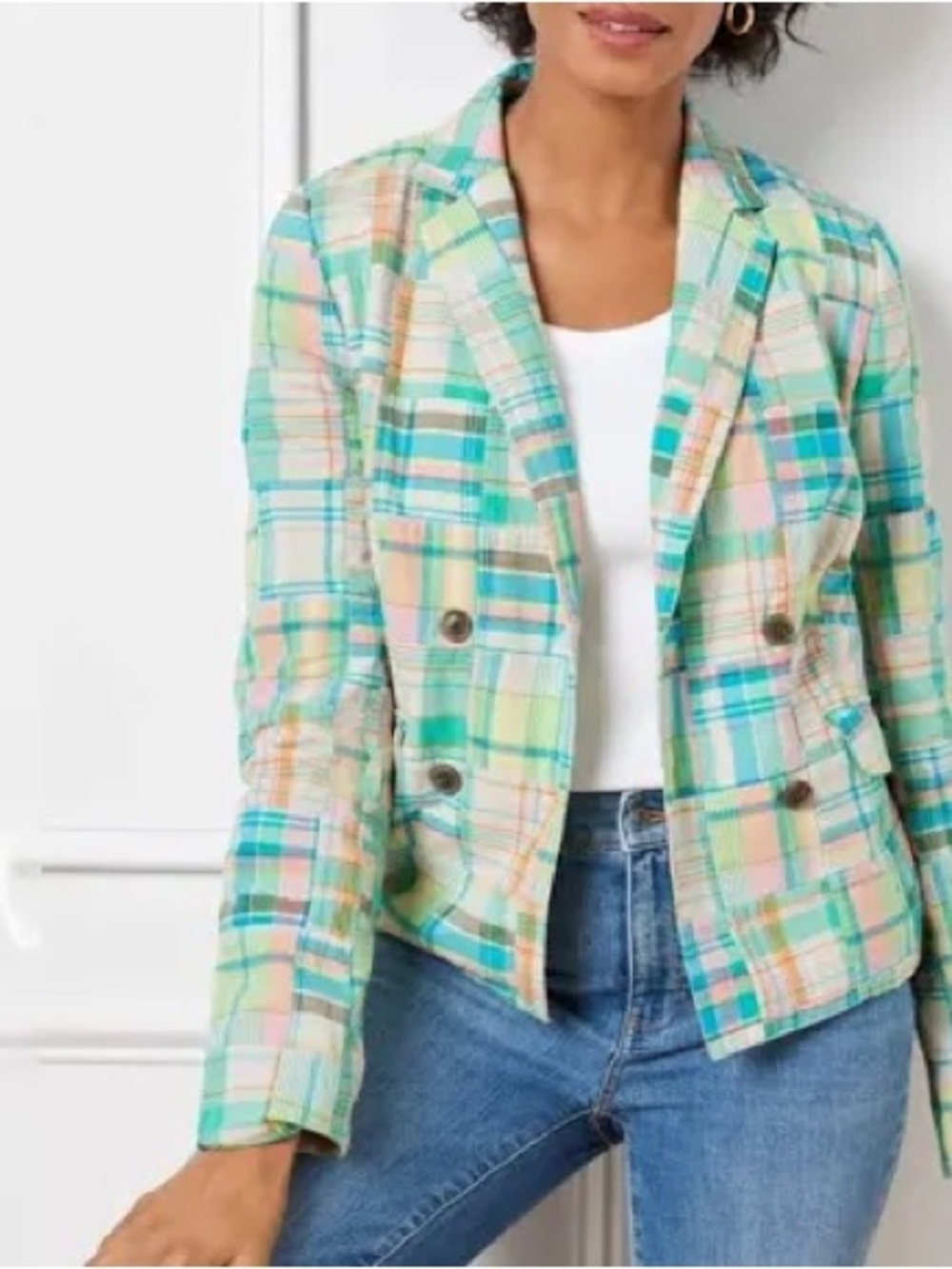 Talbots Double-Breasted Madras Cropped Blazer Green Plaid Size 10 NWT